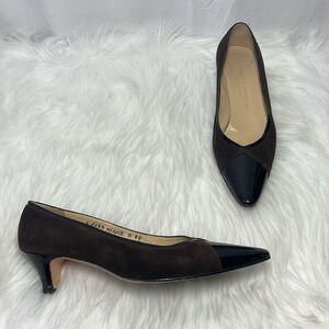 Silvia Fiorentina Brown Suede Black Patent Toe Kitten Heels Sz 8.5
